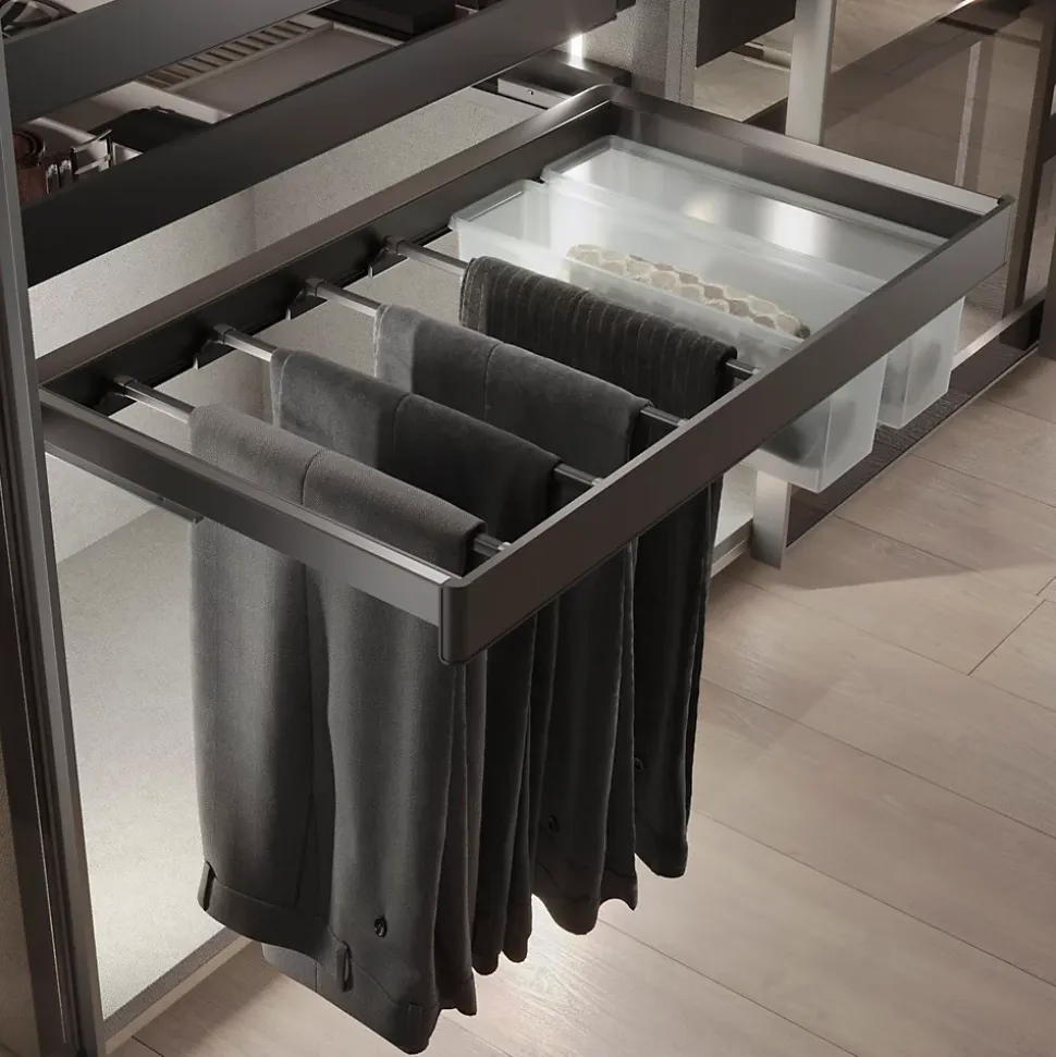 Emuca Kit de porte-pantalon à 7tringles et rack ajustable Quartz pour armoires, glissières extension totale et à fermeture douce,
