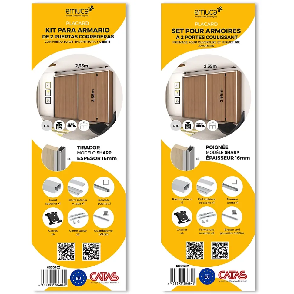 Emuca Kit de quincaillerie pour Placard 81 2-coulissants et fermeture souple, profil aigu, épaisseur 16mm, panneaux non inclus,