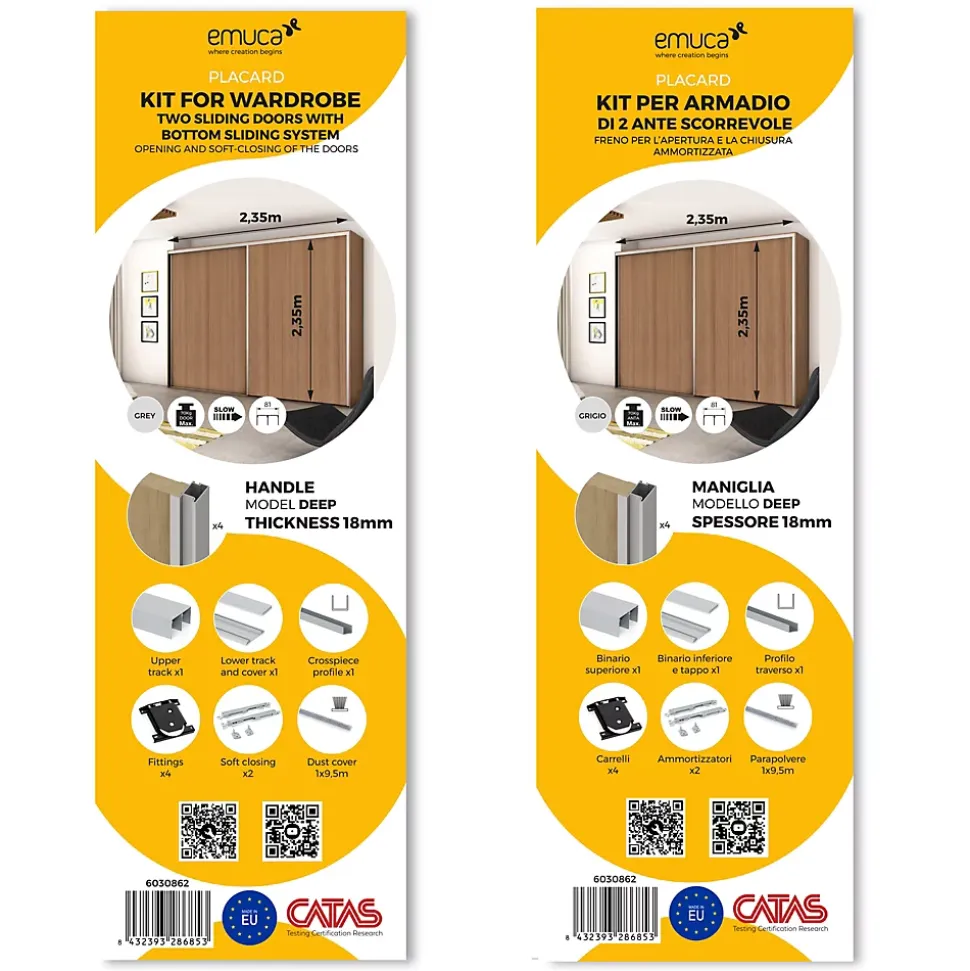 Emuca Kit de quincaillerie pour Placard 81 2 portes coulissantes à fermeture souple, profil profond, épaisseur 18mm, panneaux non