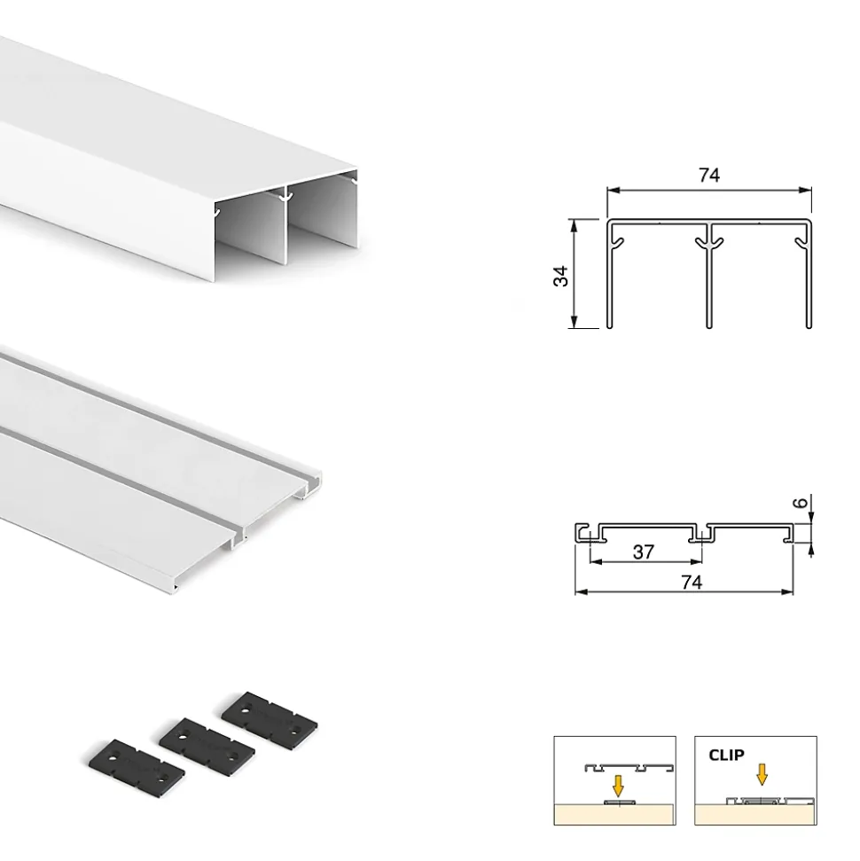 Emuca Kit de quincaillerie pour armoire à 2 portes coulissantes avec fermeture souple Placard 74, Modèle de poignée Sharp,
