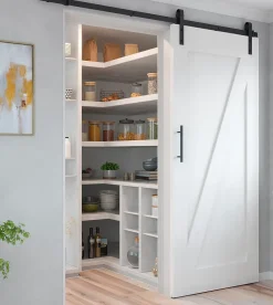 Emuca Kit de quincaillerie pour porte coulissante suspendue Barn en bois, avec fermeture souple, panneaux non inclus, Acier et