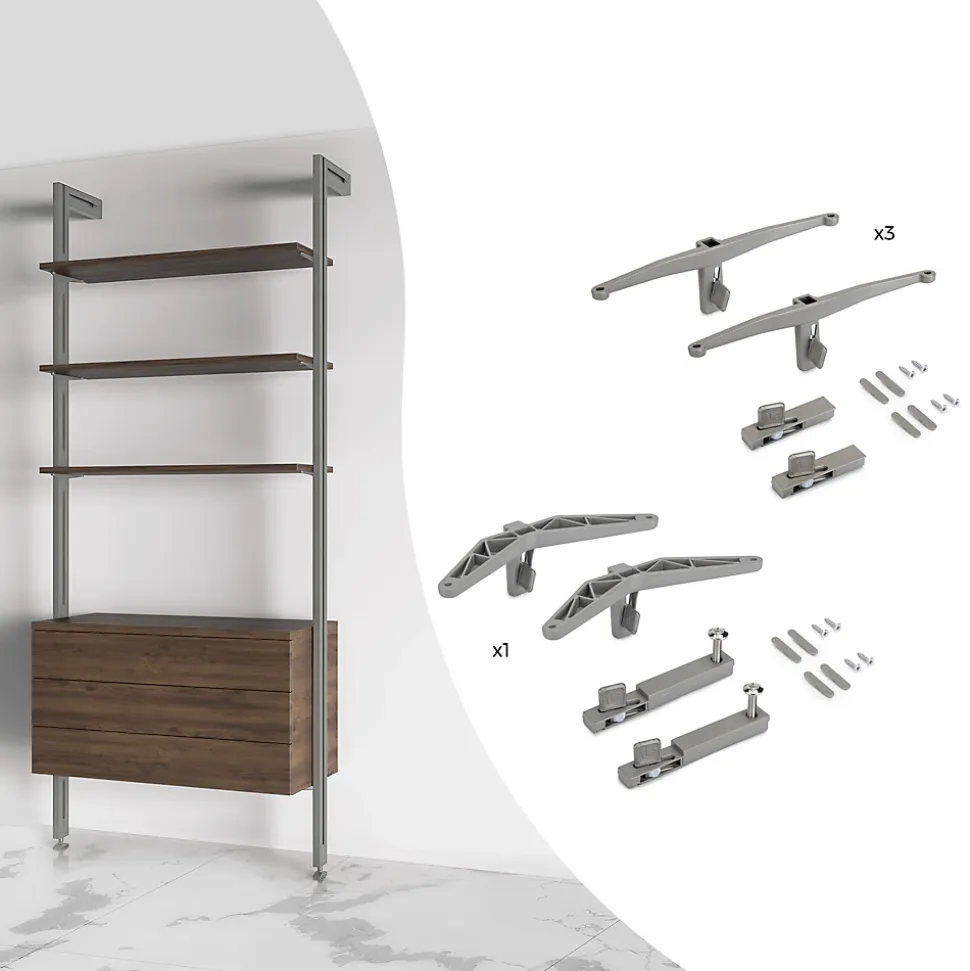 Emuca Kit de supports pour 3 étagères en bois et 1 module pour structure Zero, Zamak, Peint gris pierre