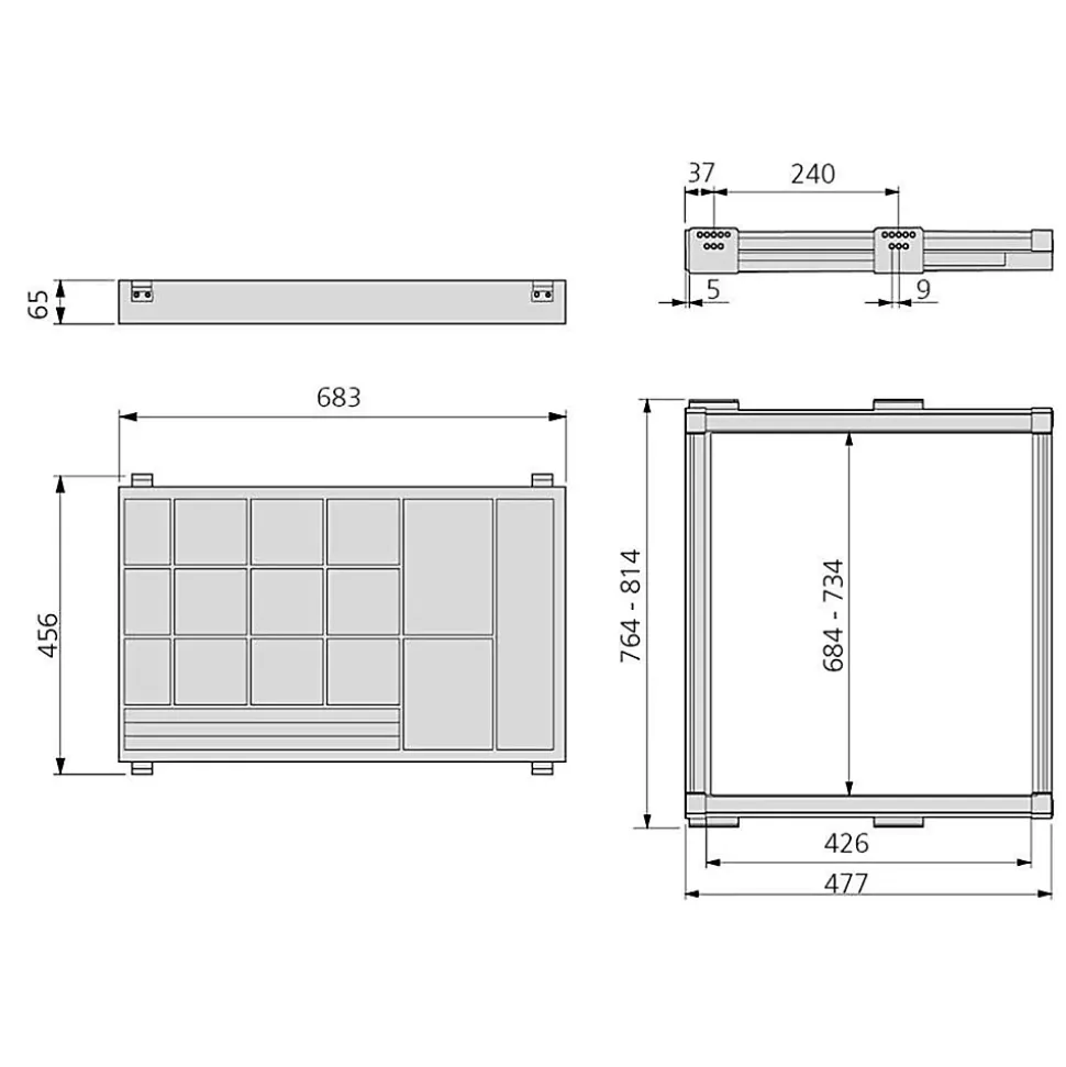 Emuca Kit de tiroir à bijoux et cadre de coulissage pour armoires Moka, fermeture souple, réglable, module de 800mm, Acier et