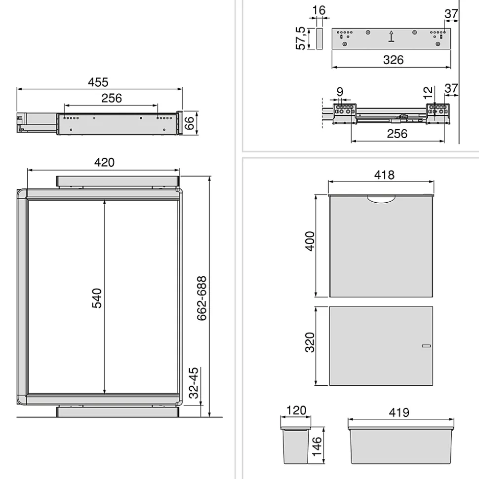 Emuca Kit plateau auxiliaire, panier et rack ajustable Quartz pour armoires, glissières extension totale et à fermeture douce,