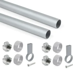 Emuca Lot de 2 rails ronds pour armoires D.28mm longueur 1.15m avec supports, Aluminium et Zamak, Anodisé mat