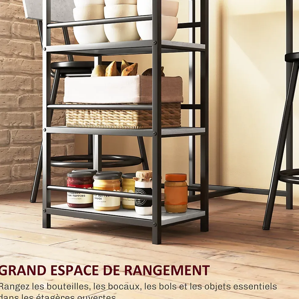 Ensemble 3 pièces table de bar 2 tabourets - 3 étagères intégrées - acier noir effet béton ciré