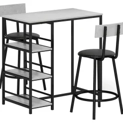 Ensemble 3 pièces table de bar 2 tabourets - 3 étagères intégrées - acier noir effet béton ciré