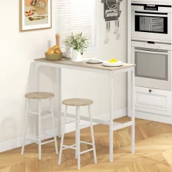 Ensemble 2 places 3 pièces design contemporain - table de bar, 2 tabourets de bar - acier blanc aspect bois blanc