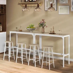Ensemble 2 places 3 pièces design contemporain - table de bar, 2 tabourets de bar - acier blanc aspect bois blanc