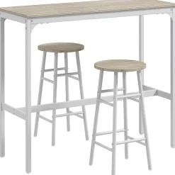 Ensemble 2 places 3 pièces design contemporain - table de bar, 2 tabourets de bar - acier blanc aspect bois blanc