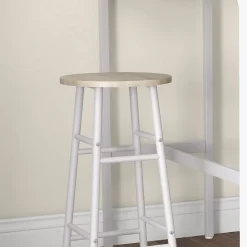 Ensemble 2 places 3 pièces design contemporain - table de bar, 2 tabourets de bar - acier blanc aspect bois blanc
