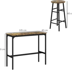 Ensemble 2 places 3 pièces design contemporain - table de bar, 2 tabourets de bar - acier noir aspect bois vieilli