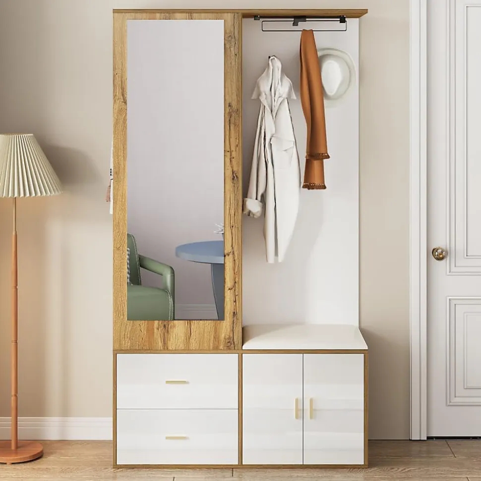 Ensemble armoire blanc et bois, miroir, meuble à chaussures, banc avec porte-manteaux