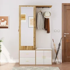 Ensemble armoire blanc et bois, miroir, meuble à chaussures, banc avec porte-manteaux