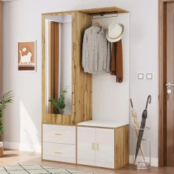 Ensemble armoire blanc et bois, miroir, meuble à chaussures, banc avec porte-manteaux
