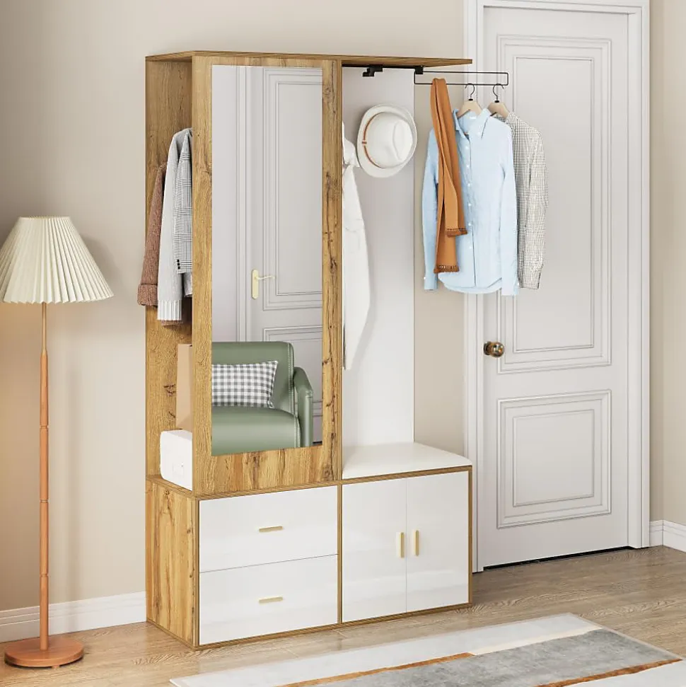 Ensemble armoire blanc et bois, miroir, meuble à chaussures, banc avec porte-manteaux