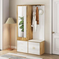 Ensemble armoire blanc et bois, miroir, meuble à chaussures, banc avec porte-manteaux