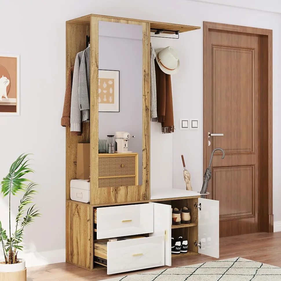 Ensemble armoire blanc et bois, miroir, meuble à chaussures, banc avec porte-manteaux