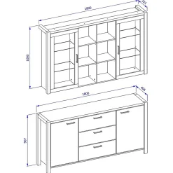 Ensemble buffet et huche avec éclairage LED collection TIVORA. Meuble 4 portes, 3 tiroirs. Couleur chene et noir