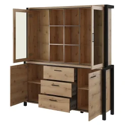 Ensemble buffet et huche avec éclairage LED collection TIVORA. Meuble 4 portes, 3 tiroirs. Couleur chene et noir