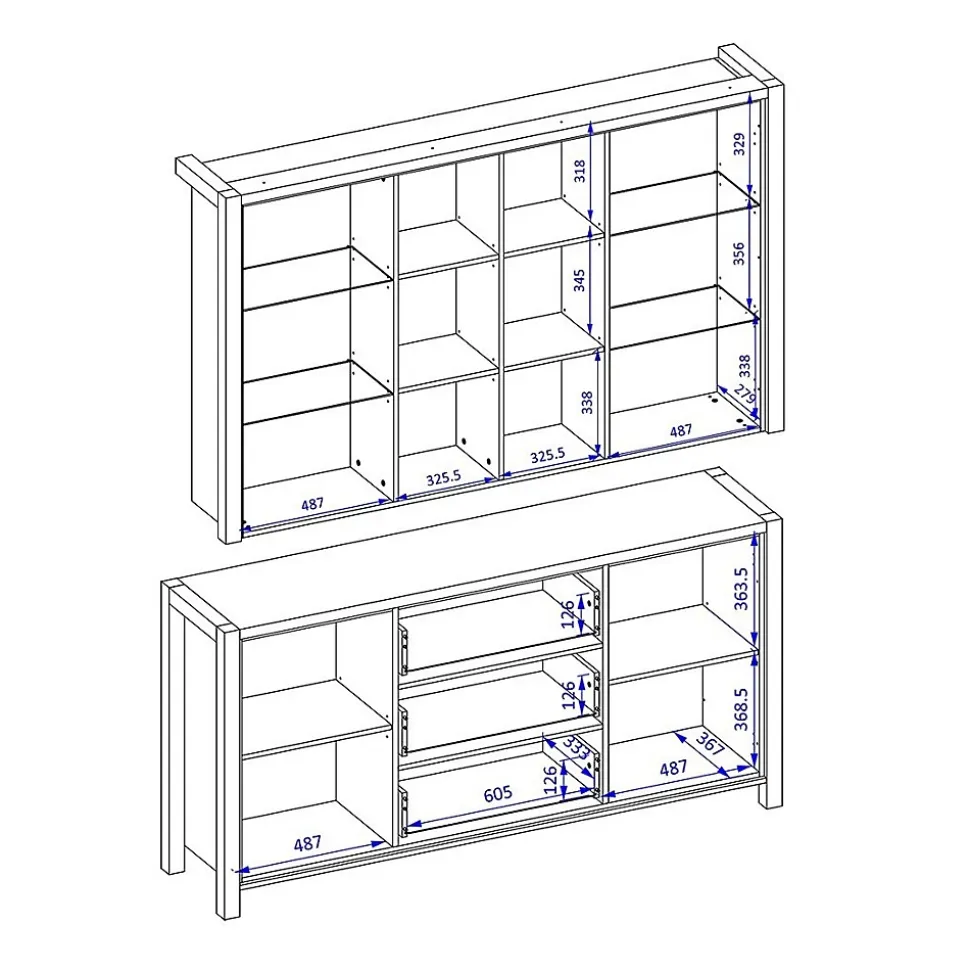 Ensemble buffet et huche avec éclairage LED collection TIVORA. Meuble 4 portes, 3 tiroirs. Couleur chene et noir