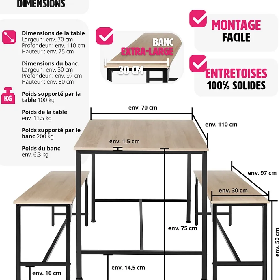 Ensemble chaises de salle à manger 3 pièces Bois et Acier Bois clair