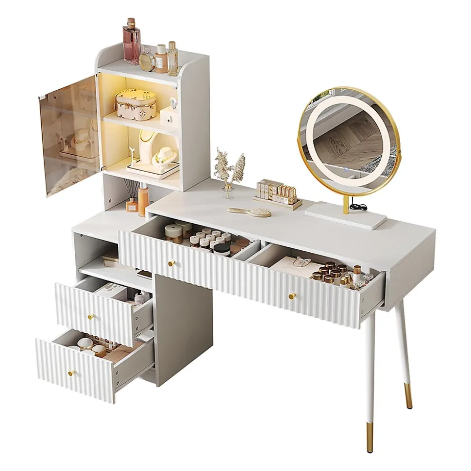 Ensemble coiffeuse avec miroir LED tricolore, armoire éclairée,100x40x125cm,blanc, quatre tiroirs, compartiment ouvert