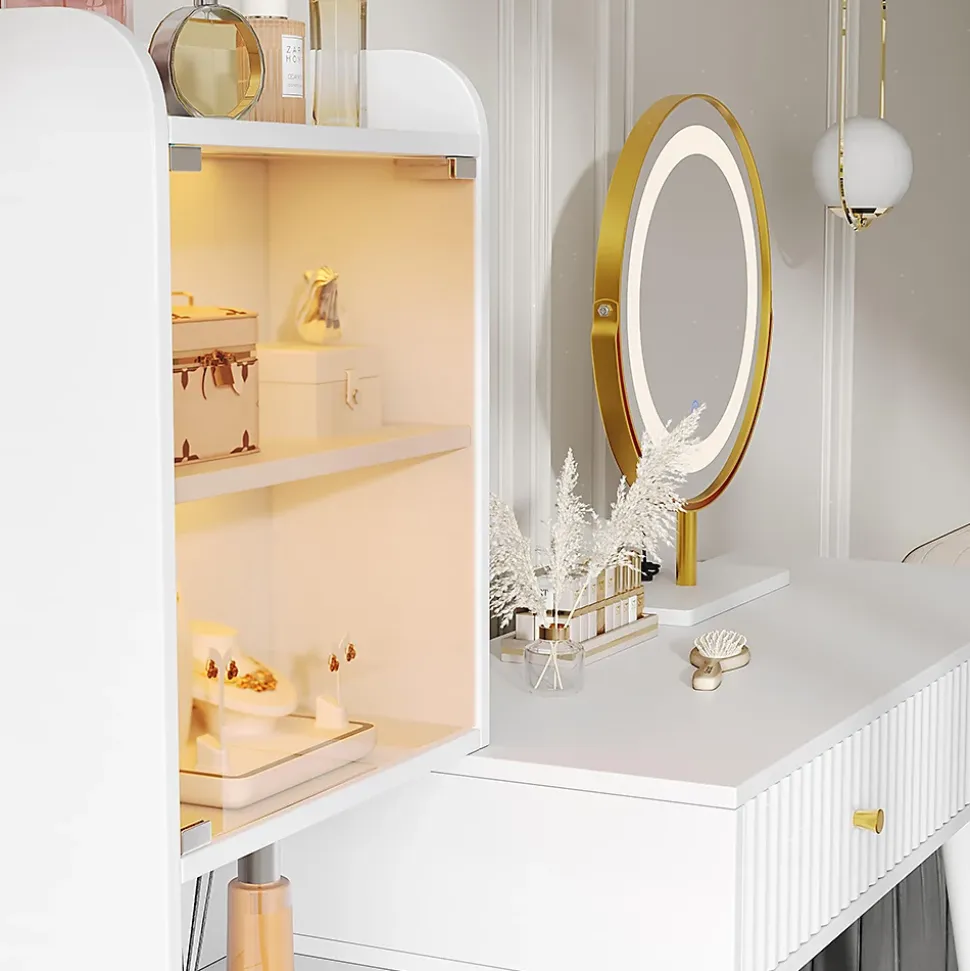 Ensemble coiffeuse avec miroir LED tricolore, armoire éclairée,100x40x125cm,blanc, quatre tiroirs, compartiment ouvert
