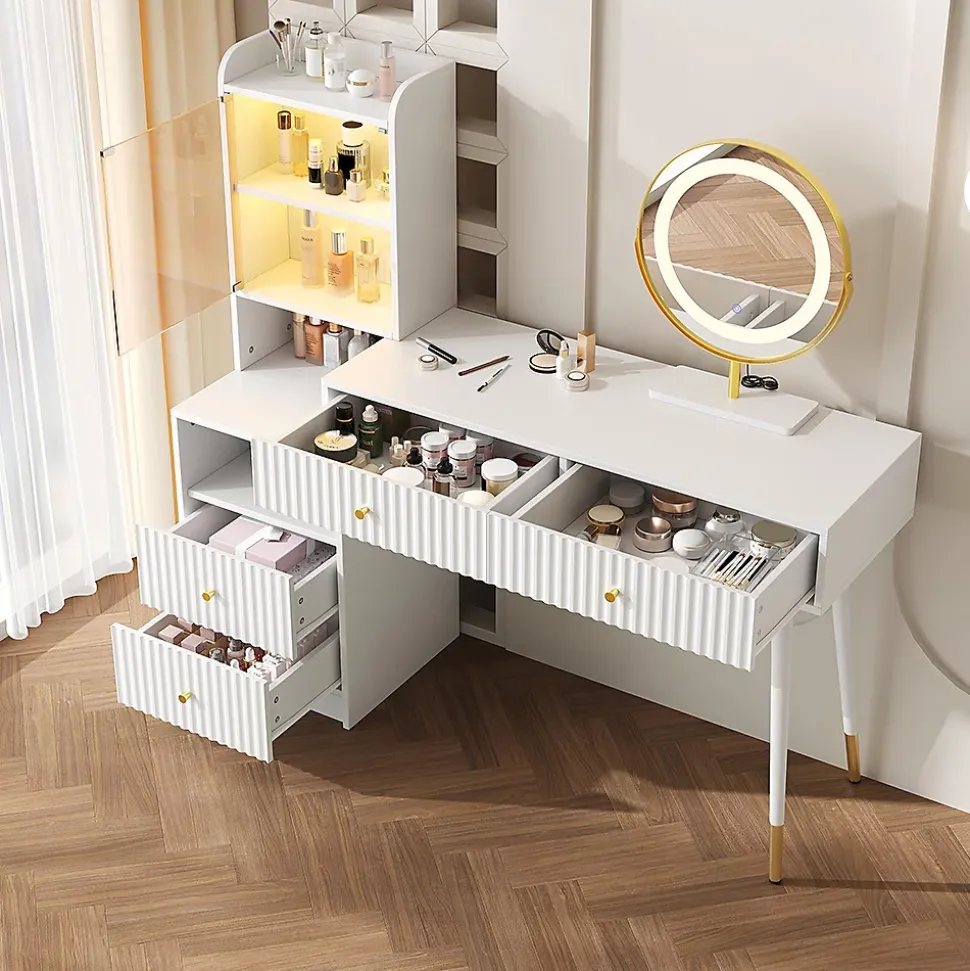 Ensemble coiffeuse avec miroir LED tricolore, armoire éclairée,100x40x125cm,blanc, quatre tiroirs, compartiment ouvert