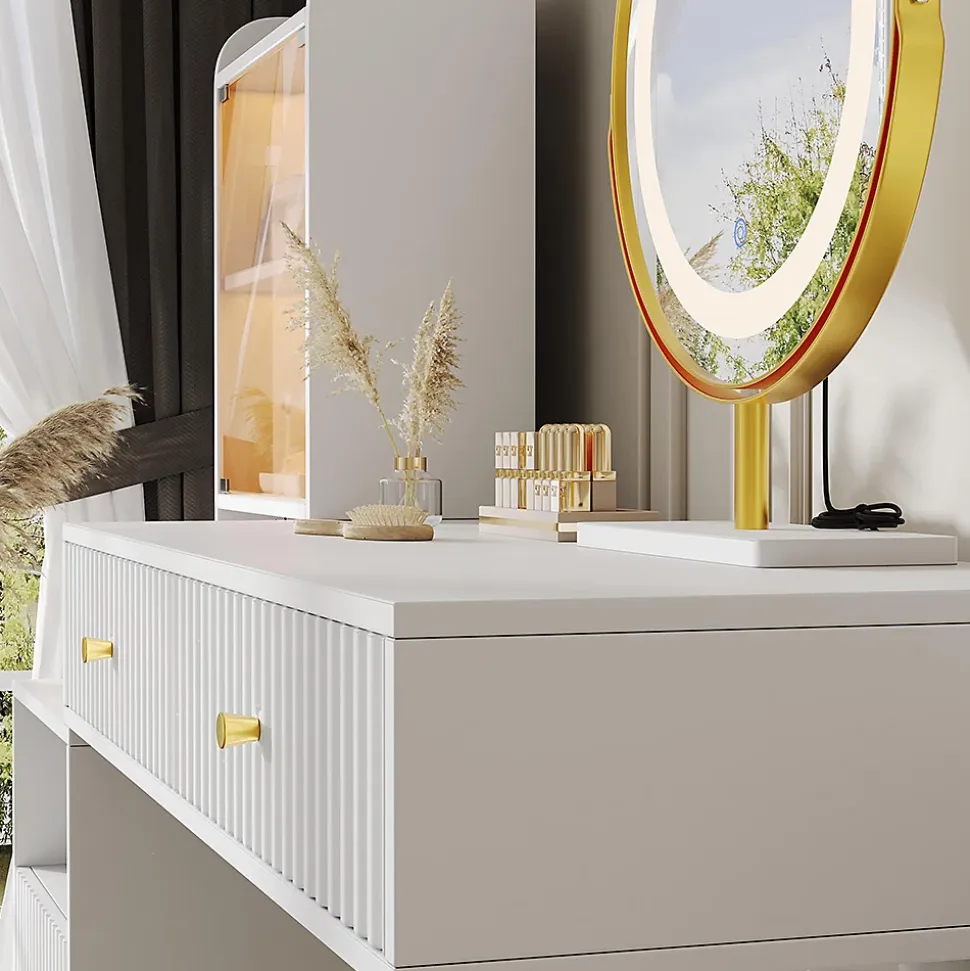 Ensemble coiffeuse avec miroir LED tricolore, armoire éclairée,100x40x125cm,blanc, quatre tiroirs, compartiment ouvert