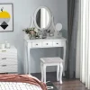Ensemble coiffeuse et tabouret style baroque 5 tiroirs miroir ovale pivotant MDF bois blanc