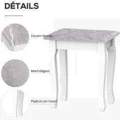 Ensemble coiffeuse et tabouret style baroque 5 tiroirs miroir ovale pivotant MDF bois blanc