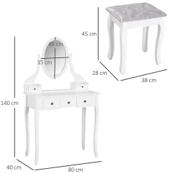 Ensemble coiffeuse et tabouret style baroque 5 tiroirs miroir ovale pivotant MDF bois blanc