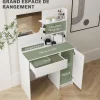 Ensemble coiffeuse miroir avec tabouret - porte, tiroir, 4 étagères, niche - blanc