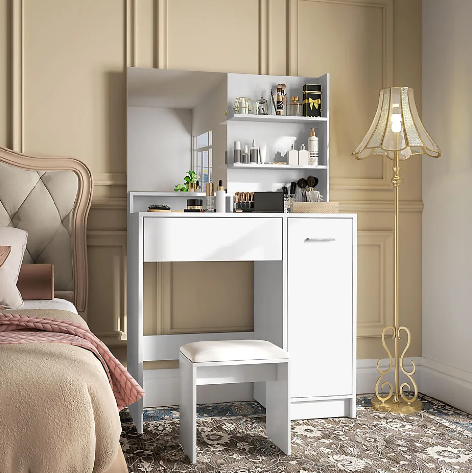Ensemble coiffeuse miroir avec tabouret - porte, tiroir, 4 étagères, niche - blanc