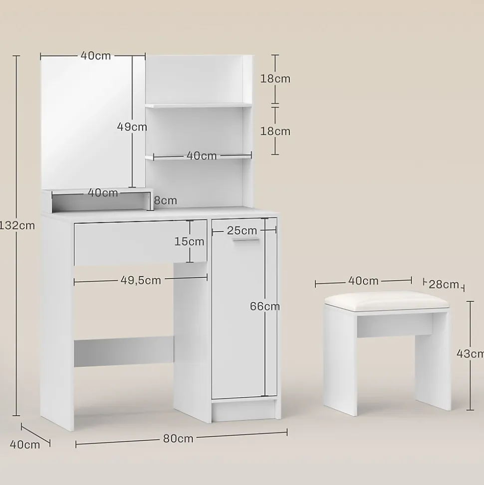 Ensemble coiffeuse miroir avec tabouret - porte, tiroir, 4 étagères, niche - blanc