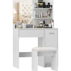Ensemble coiffeuse miroir avec tabouret - porte, tiroir, 4 étagères, niche - blanc