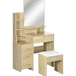 Ensemble coiffeuse tabouret design contemporain multi-rangement 4 tiroirs 4 étagères grand miroir aspect chêne clair blanc