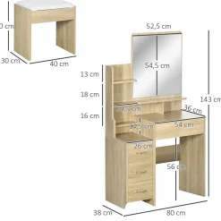 Ensemble coiffeuse tabouret design contemporain multi-rangement 4 tiroirs 4 étagères grand miroir aspect chêne clair blanc