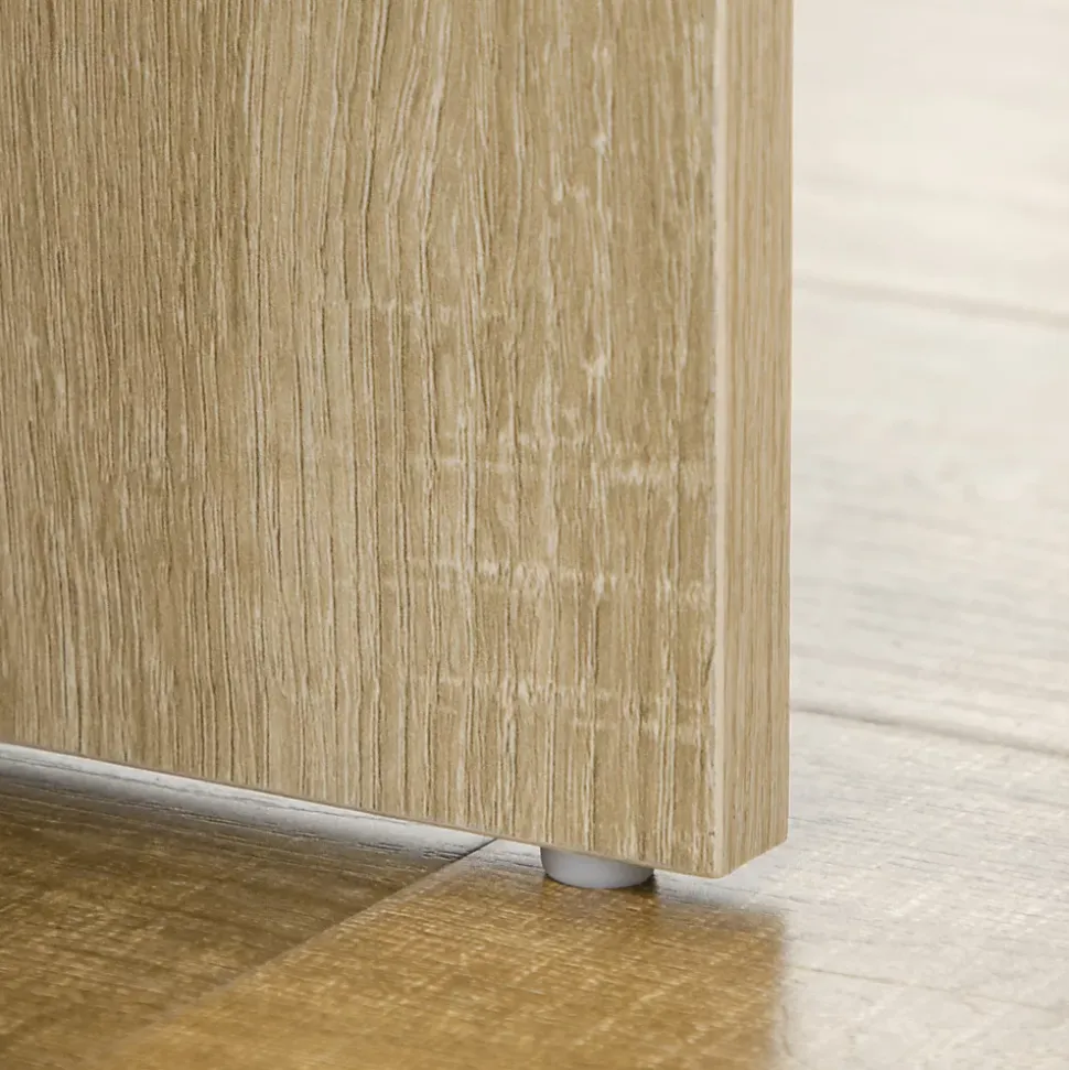 Ensemble coiffeuse tabouret design contemporain multi-rangement 4 tiroirs 4 étagères grand miroir aspect chêne clair blanc