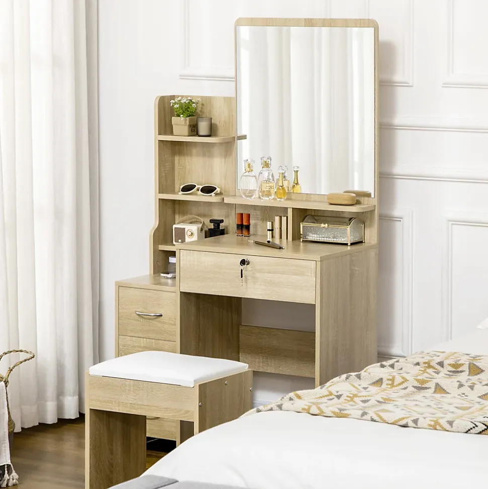 Ensemble coiffeuse tabouret design contemporain multi-rangement 4 tiroirs 4 étagères grand miroir aspect chêne clair blanc