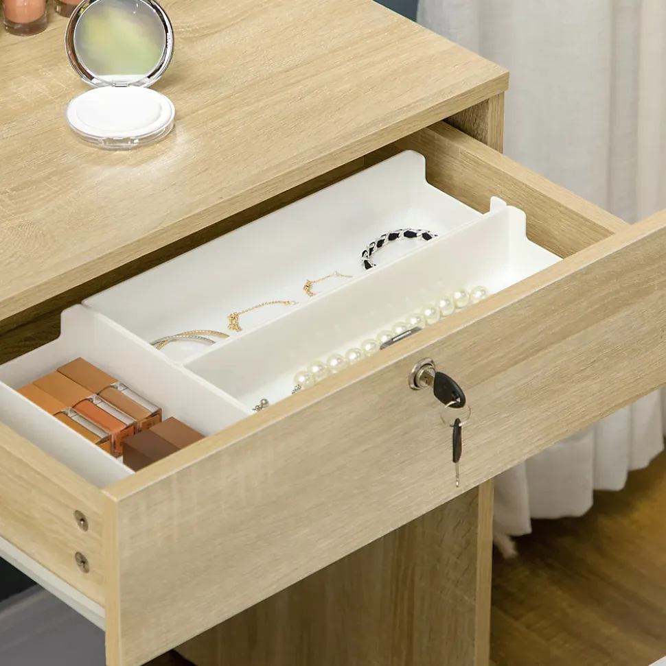 Ensemble coiffeuse tabouret design contemporain multi-rangement 4 tiroirs 4 étagères grand miroir aspect chêne clair blanc