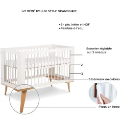 Ensemble Commode à Langer Et Lit Bébé Style Scandinave 120x60 Blanc