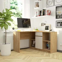 Ensemble d'angle AKORD bureau B17 avec commode Chêne Sonoma 120 cm 1 porte 1 tiroir façade Blanche 6 étagères 120x126x79 cm