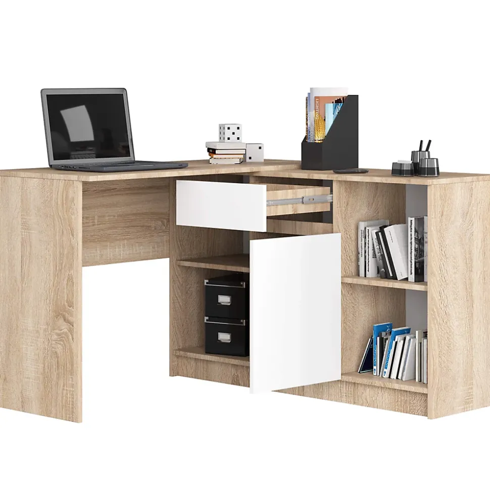 Ensemble d'angle AKORD bureau B17 avec commode Chêne Sonoma 120 cm 1 porte 1 tiroir façade Blanche 6 étagères 120x126x79 cm