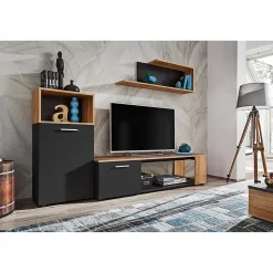 Ensemble de 3 meubles design pour votre salon collection MOZES. Coloris noir et chene