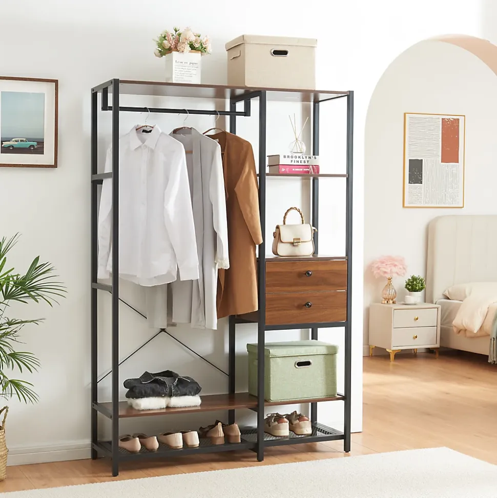Ensemble de 3 portants à vêtements Larem 4 tiroirs armoire 6 compartiments noir effet noyer en.casa