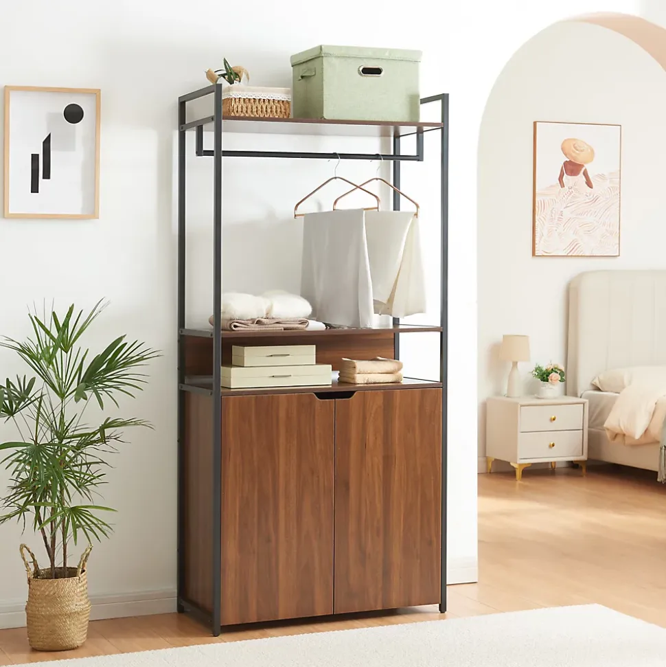 Ensemble de 2 portants à vêtements Larem armoire 2 tiroirs 6 compartiments noir effet noyer en.casa