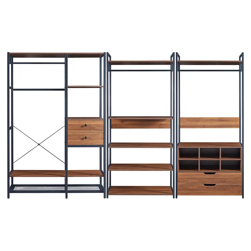 Ensemble de 3 portants à vêtements Larem 4 tiroirs 5 étagères 6 compartiments noir effet noyer en.casa