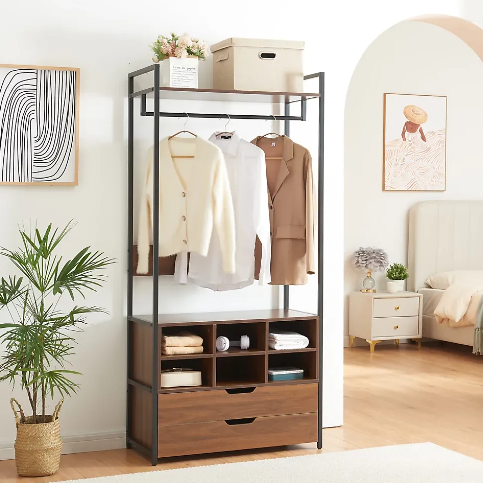 Ensemble de 3 portants à vêtements Larem armoire 4 tiroirs 6 compartiments noir effet noyer en.casa